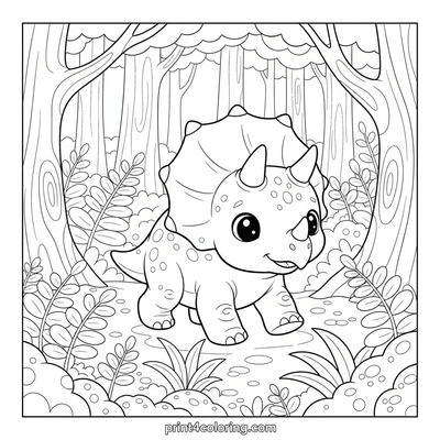 Triceratops' Cozy Woodland Adventure - free printable coloring page
