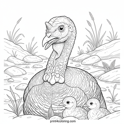 Wild Turkey Family's Rocky Stream Crossing - free printable coloring page