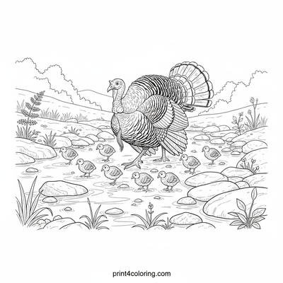 Wild Turkey Family Stream Crossing - free printable coloring page