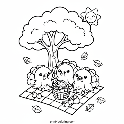 Happy Turkeys' Autumn Picnic - free printable coloring page