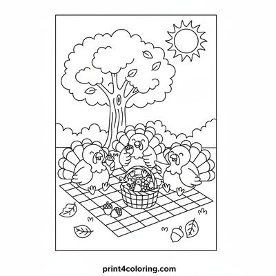 Turkeys' Autumn Picnic Party - free printable coloring page