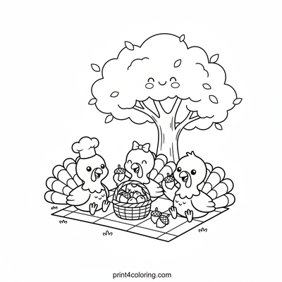 Happy Turkeys' Autumn Picnic - free printable coloring page