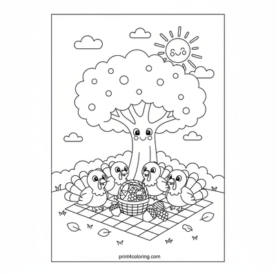 Turkeys' Autumn Picnic Fun - free printable coloring page