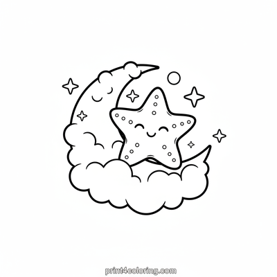 Twinkling Starfish Moon Dream - free printable coloring page