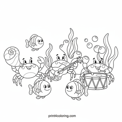 Ocean's Groovy Crab Band - free printable coloring page