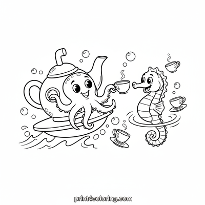 Whimsical Underwater Tea Party Submarine - free printable coloring page
