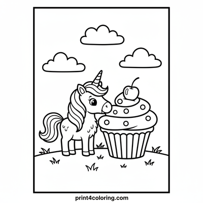 Unicorn's Rainbow Cupcake Fantasy - free printable coloring page
