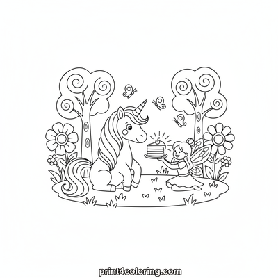 Whimsical Unicorn's Rainbow Feast - free printable coloring page