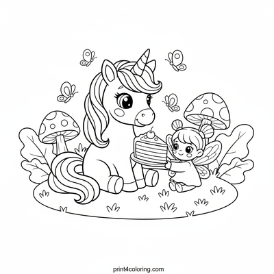 Unicorn's Magical Rainbow Cake Picnic - free printable coloring page