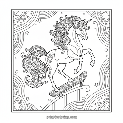 Mystical Unicorn's Rainbow Rail Grind - free printable coloring page