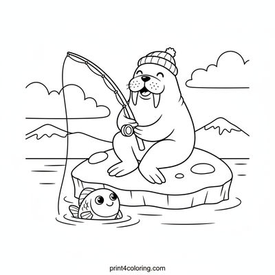 Happy Walrus's Icy Fishing Adventure - free printable coloring page