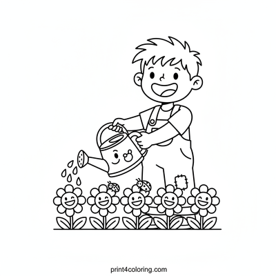Little Gardener's Watering Fun - free printable coloring page