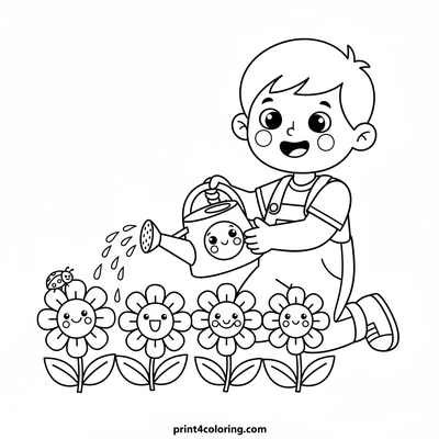 Little Gardener's Watering Fun - free printable coloring page