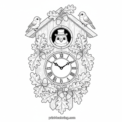 Whimsical Cuckoo Clock's Top Hat Surprise - free printable coloring page