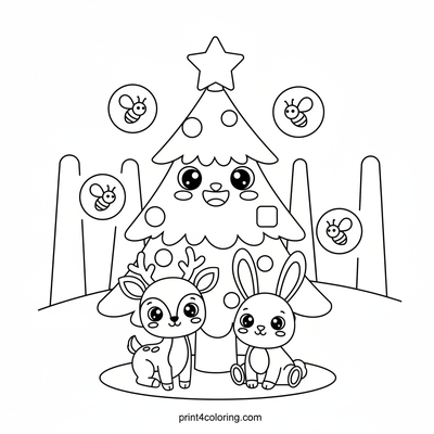 Sparkly Forest Friends Christmas Tree - free printable coloring page