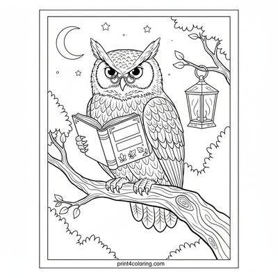 The Wise Owl's Enchanted Library - free printable coloring page