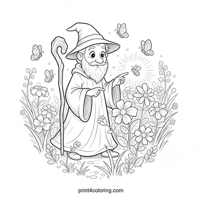 The Gentle Wizard's Enchanted Meadow - free printable coloring page