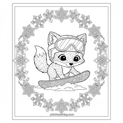 Arctic Fox's First Snowboard Tumble: A Zentangle Snow Adventure - free printable coloring page
