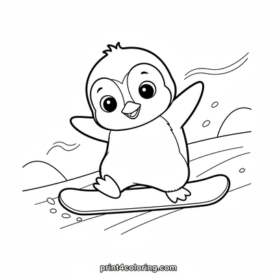 Wobbly Penguin's Snowboard Adventure - free printable coloring page