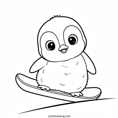 Wobbly Penguin's Snowy Snowboard Fun - free printable coloring page