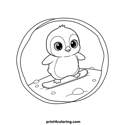 Wobbly Penguin's First Snowboard Adventure - free printable coloring page