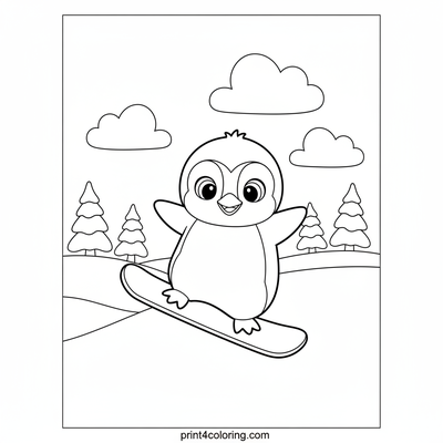 Wobbly Penguin's First Snowboard Adventure - free printable coloring page