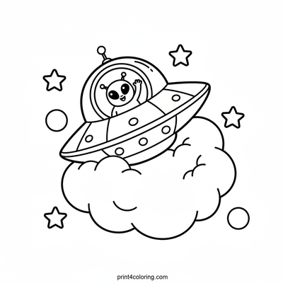 Friendly Alien's Wobbly Cloud Landing - free printable coloring page