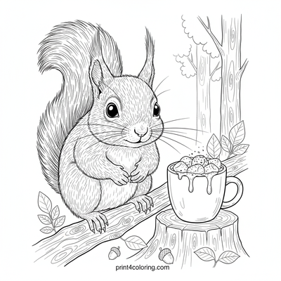 Woodland Squirrel's Steaming Cocoa Delight - free printable coloring page