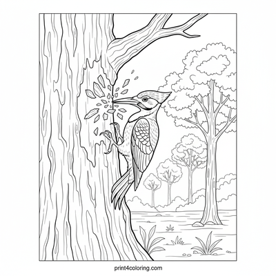 Pileated Woodpecker's Mighty Drum Solo - free printable coloring page