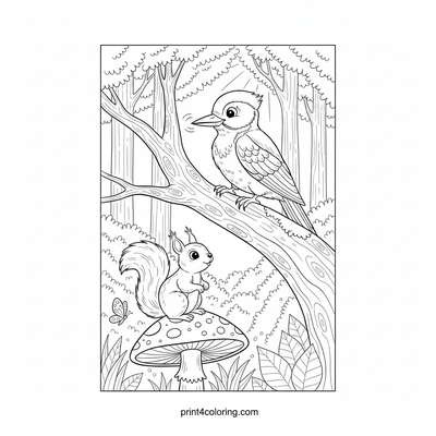 Woodland Rhythm: A Woodpecker's Gathering - free printable coloring page
