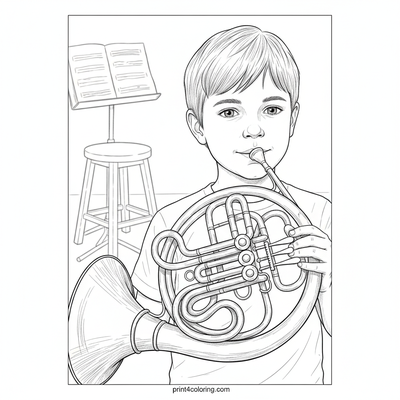 Young Virtuoso's French Horn Debut - free printable coloring page