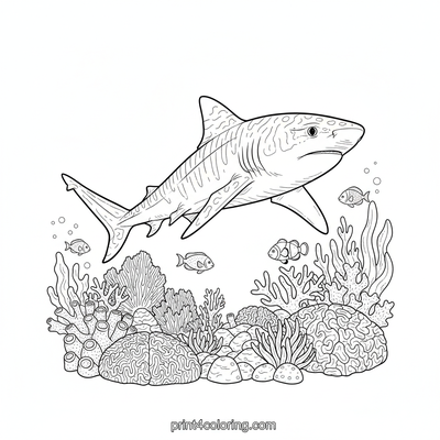 Curious Tiger Shark's Coral Garden Discovery - free printable coloring page