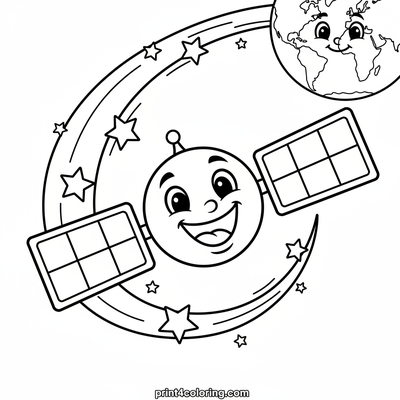 Happy Satellite's Earth Adventure - free printable coloring page