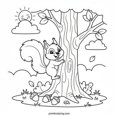 Happy Squirrel's Tree Climb - free printable coloring page