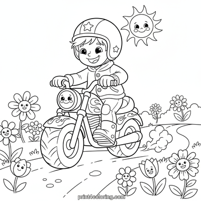 Meadow Motorcycle Adventure - free printable coloring page